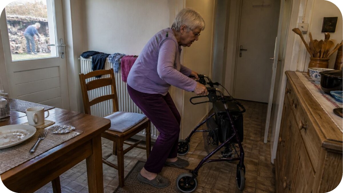 An older woman steadies herself on a walker in a kitchen while her husband is visible outside the window